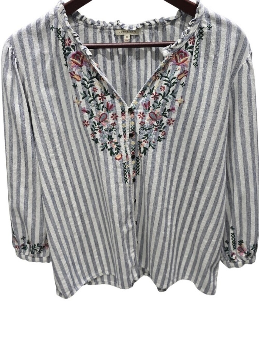 Striped Floral Embroidered Blouse Boho Peasant Cottagecore Coastal M - Picture 2 of 8